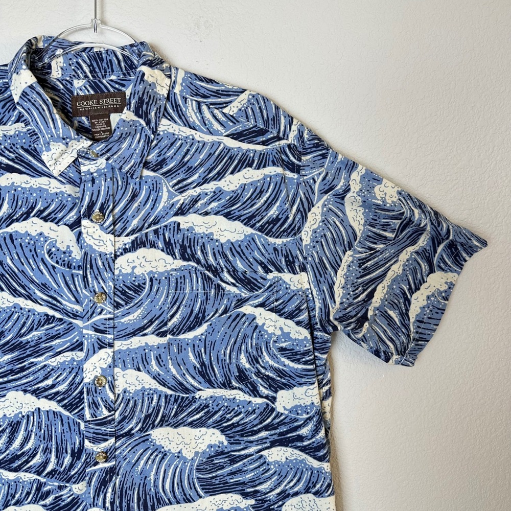 Cooke Street Mens Blue Great Wave Print Hawaiian Aloha Shirt Cotton Large L